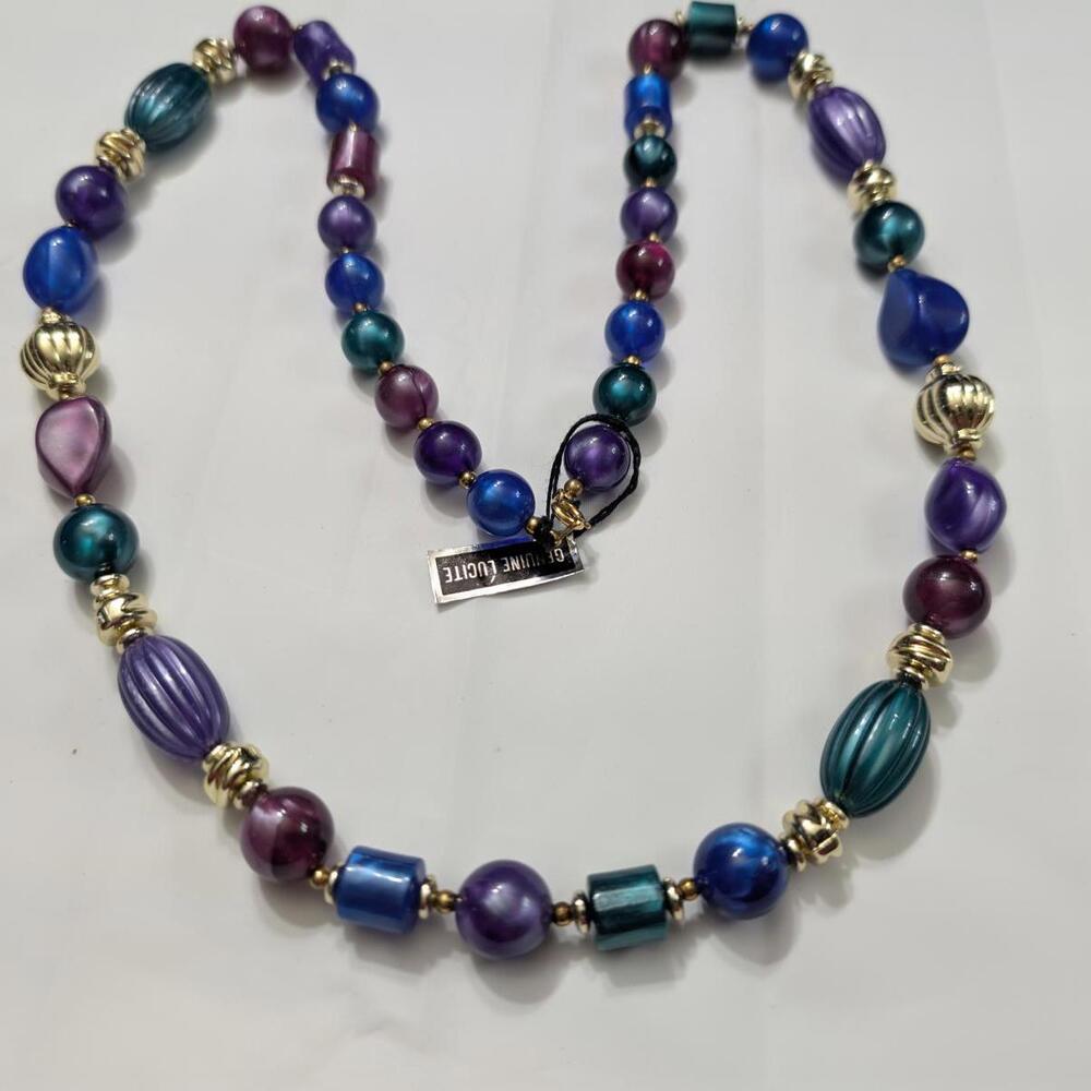 Vintage Genuine Lucite Beaded Beads Necklace 30" New NOS Purple Blue Gold Green